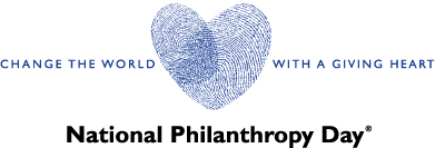 National Philanthropy Day logo with heart and text Change the World with a Giving Heart